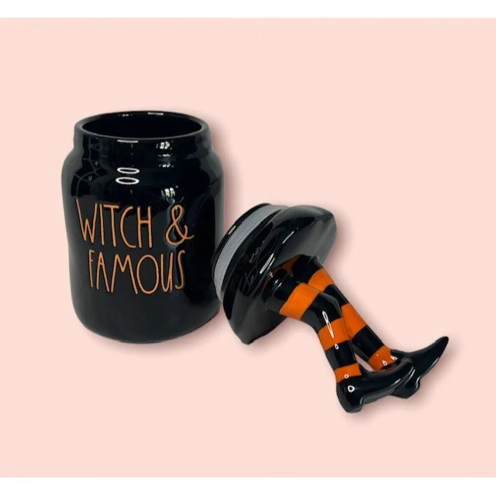 Rae Dunn WITCH AND FAMOUS Canister With Figural Lid Witch's Legs  New in Box